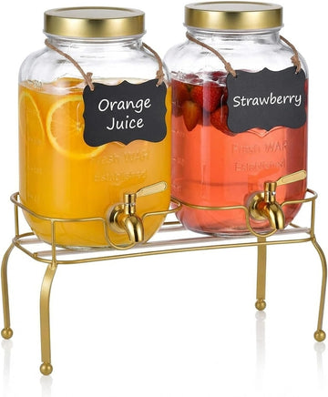 Gallon Glass Drink Dispenser - Drink Dispensers for Parties, Beverage Dispenser with Stand & 100% - Set of 2