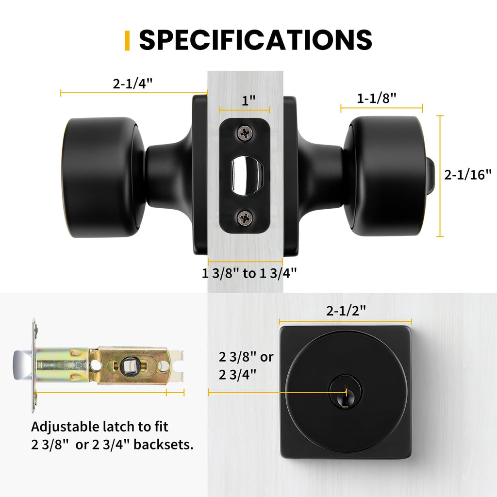 Matte Black Keyed-Alike Exterior Door Knobs, Front Door Knob with Lock and Key, Black Door Knobs Entry Door Knob 3