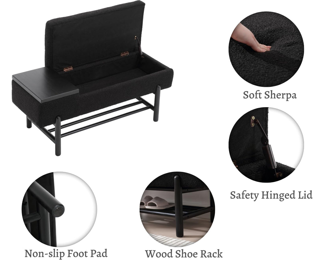 Modern Storage Bench End of Bed Sherpa Ottoman Bench with Storage Upholstered Entryway Bench with Wood Shoe Rack