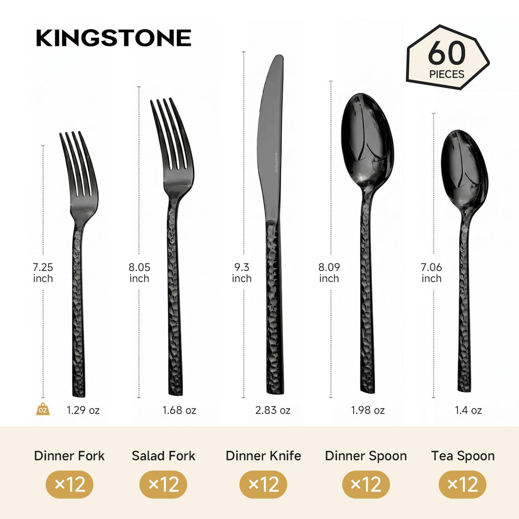 60 Piece Black Silverware Set, 18/10 Stainless Steel Hammered Flatware for12