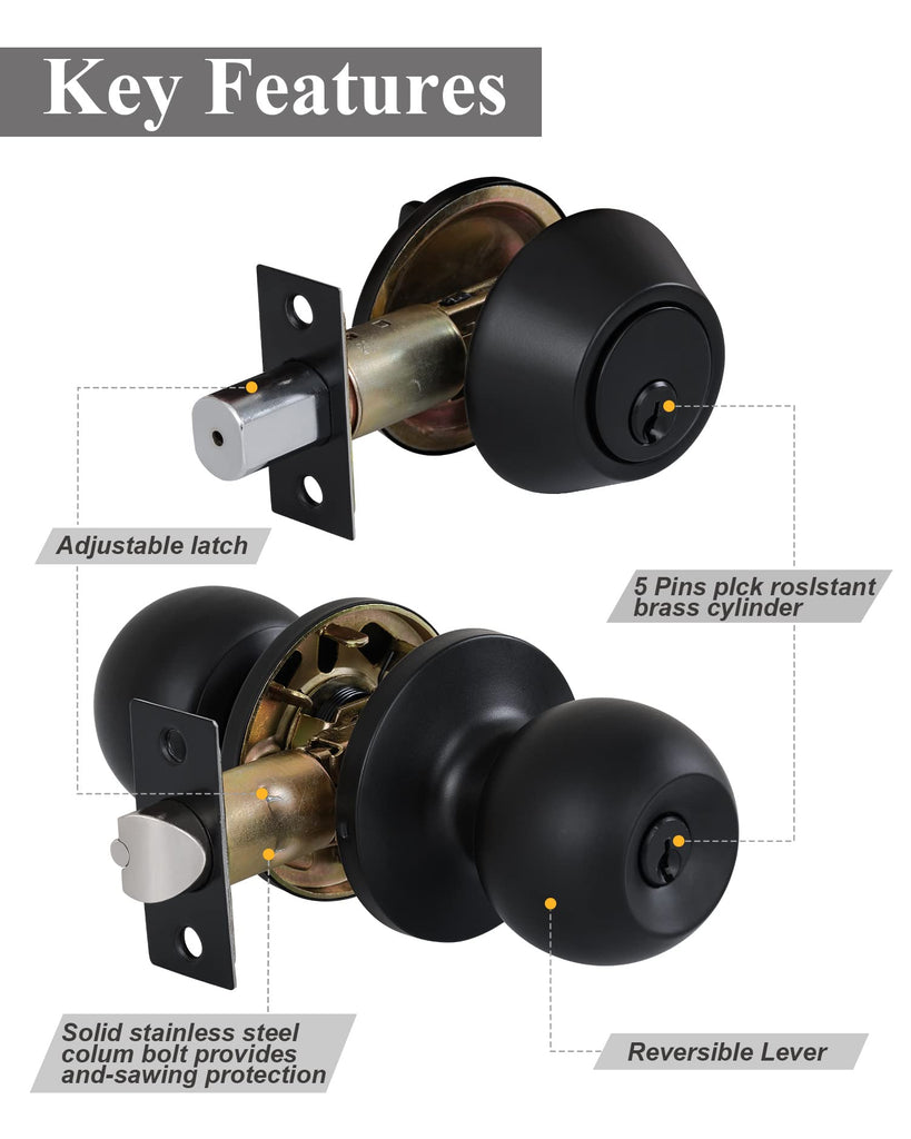 All Keyed Same Entry Knobs&Single Cylinder Deadbolt Combo Set for Exterior Front Doors, Matte Black Finish Entry Door