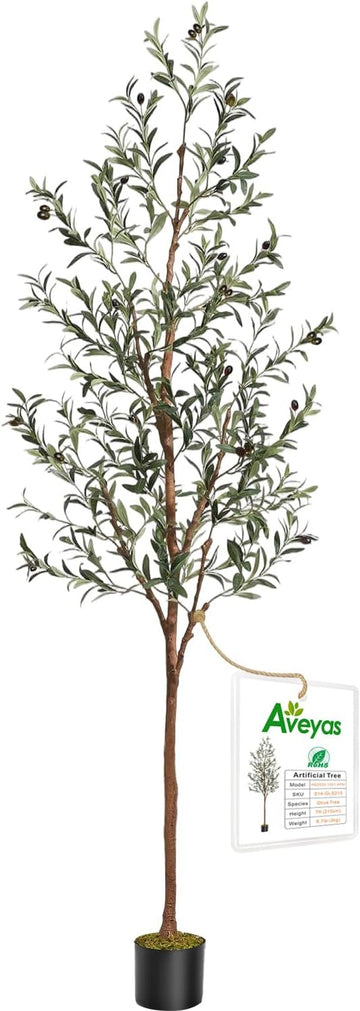 7ft Artificial Olive Tree Decor, 7 Feet Large Faux Plant Fake Skinny Silk Trees with Black Olivo Outdoor House Living