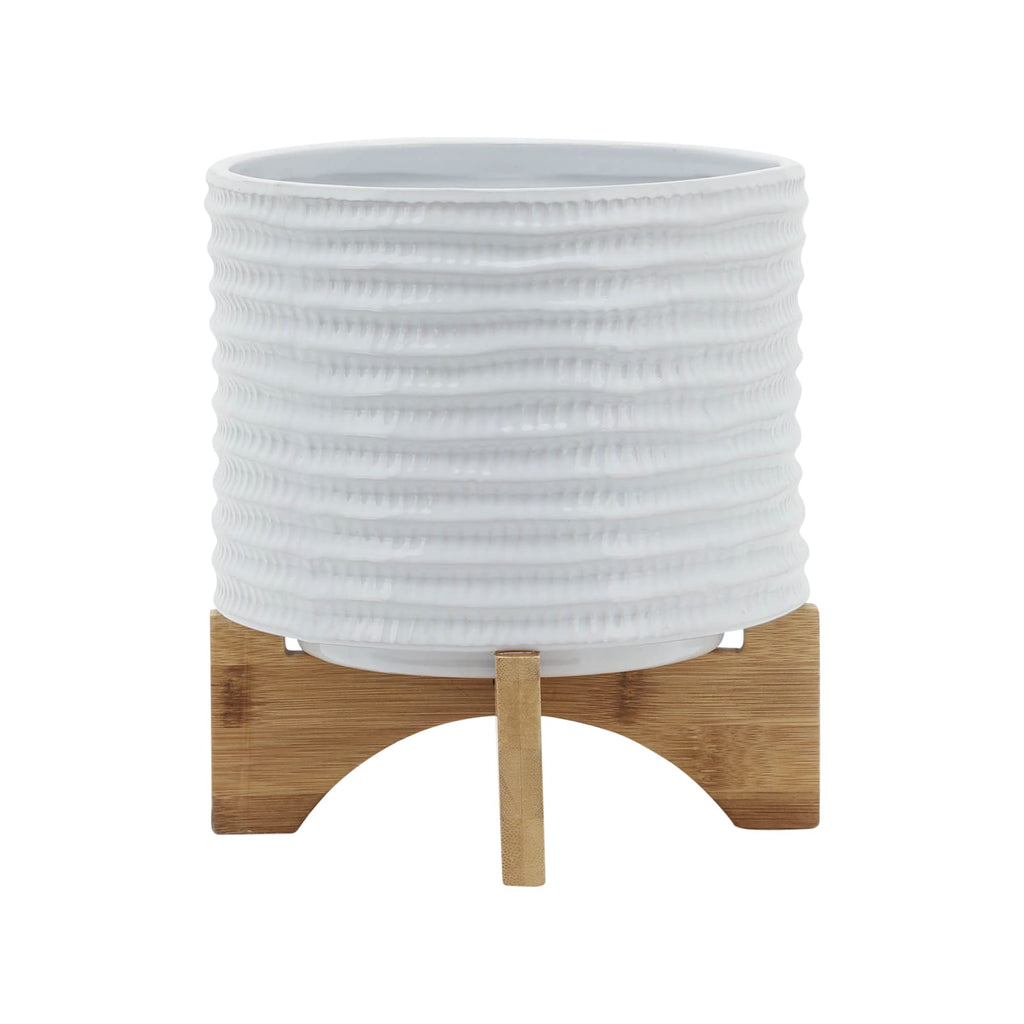 Ceramic Planter with Bamboo Stand - Modern Home Decor Indoor Plant Pot with Textured Stoneware Design - Decorative