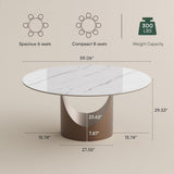 59" Round Dining Table for 6, Glossy White Sintered Stone Dining Tabletop with Bronze Carbon Steel Pedestal, Modern