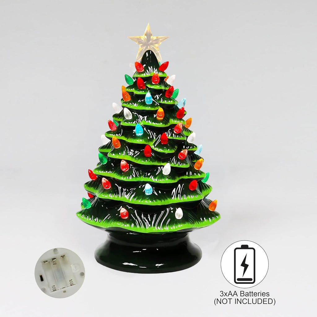 Ceramic Christmas Tree 14"H by LED Lighted Vintage Inspired Tabletop Décor with Multicolor Bulbs Star Battery