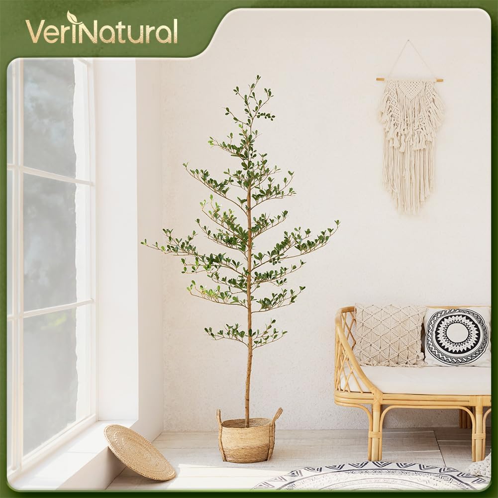 Artificial Black Olive Tree 6FT Indoor Outdoor Decor Faux Plants - Real Wood Trunk Fake Tree with Green UV Resistant