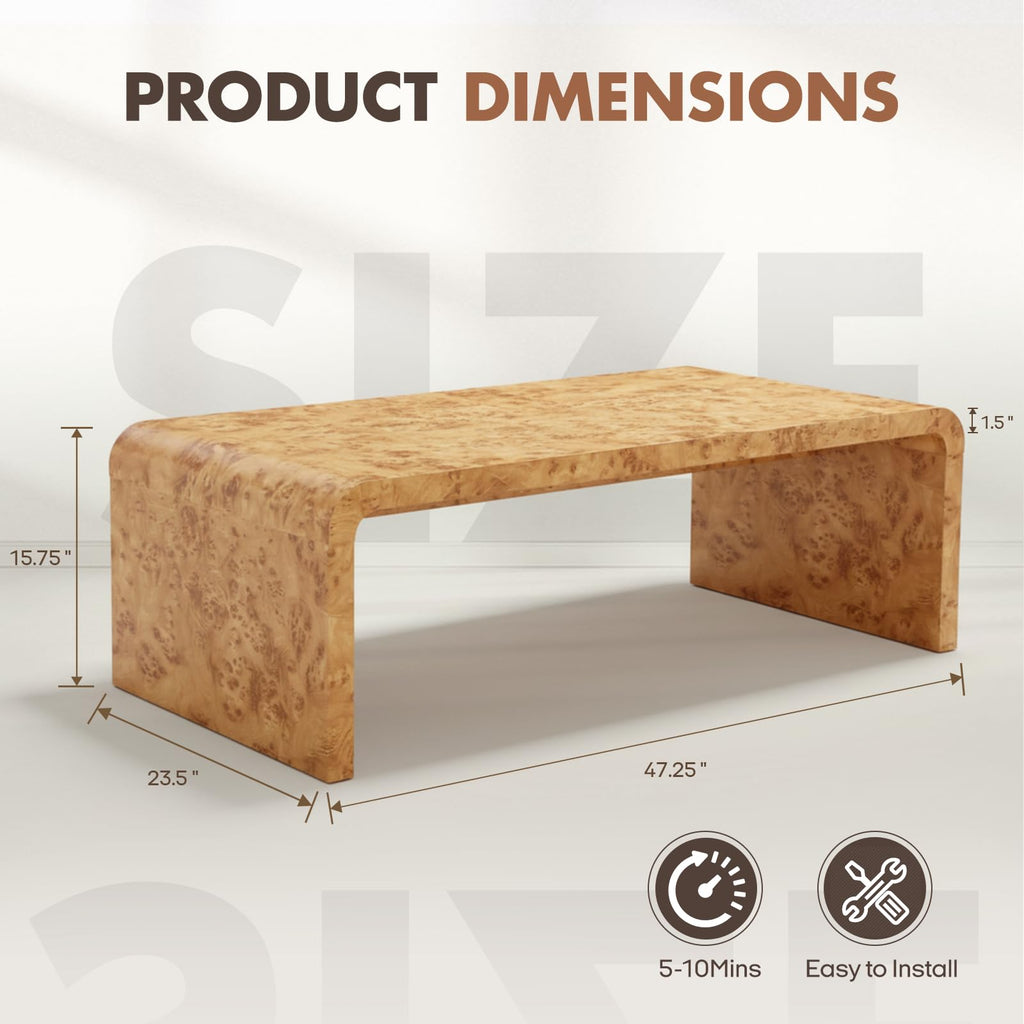 47" Burl Wood Look Coffee Table, Thick Waterfall Edge Wood