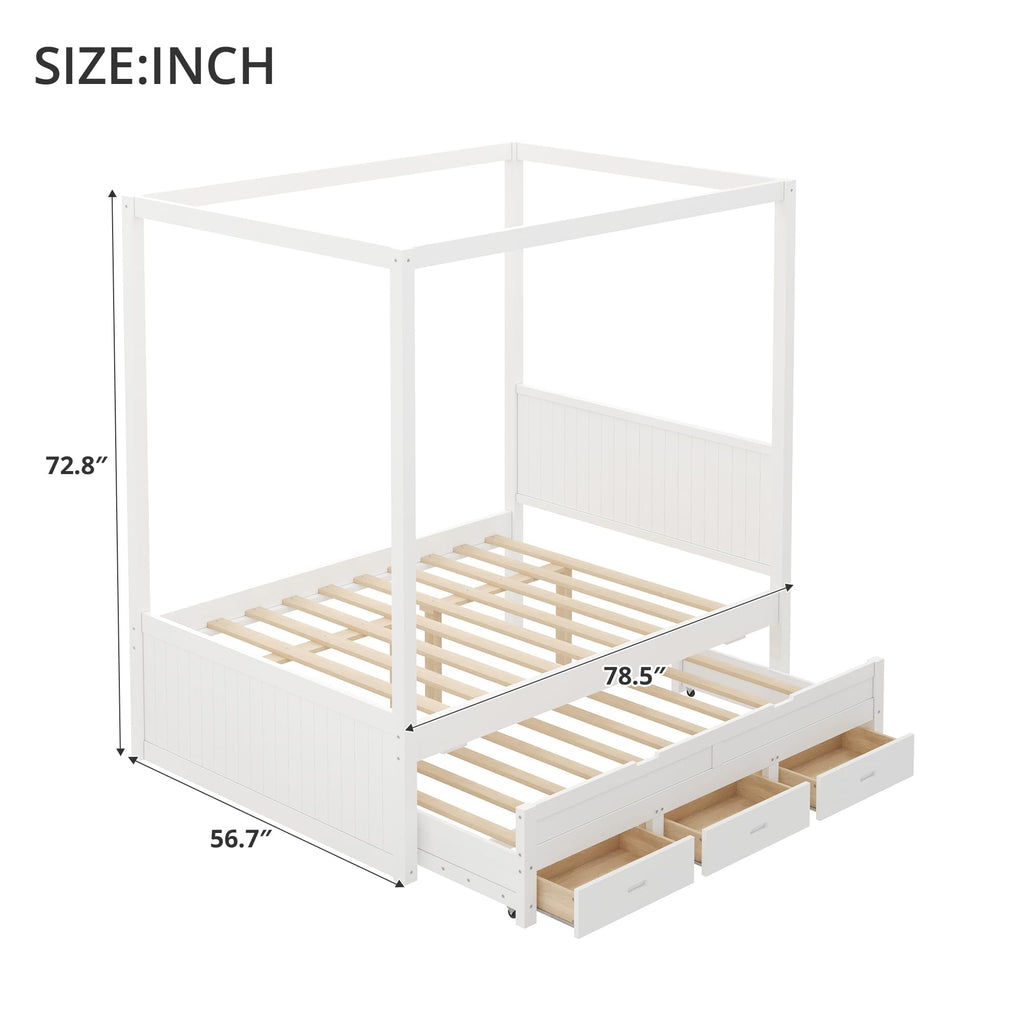 Canopy Bed Frame, Farmhouse Wood 4 Poster Platform Bed with Storage Drawers and Trundle, No Box Spring