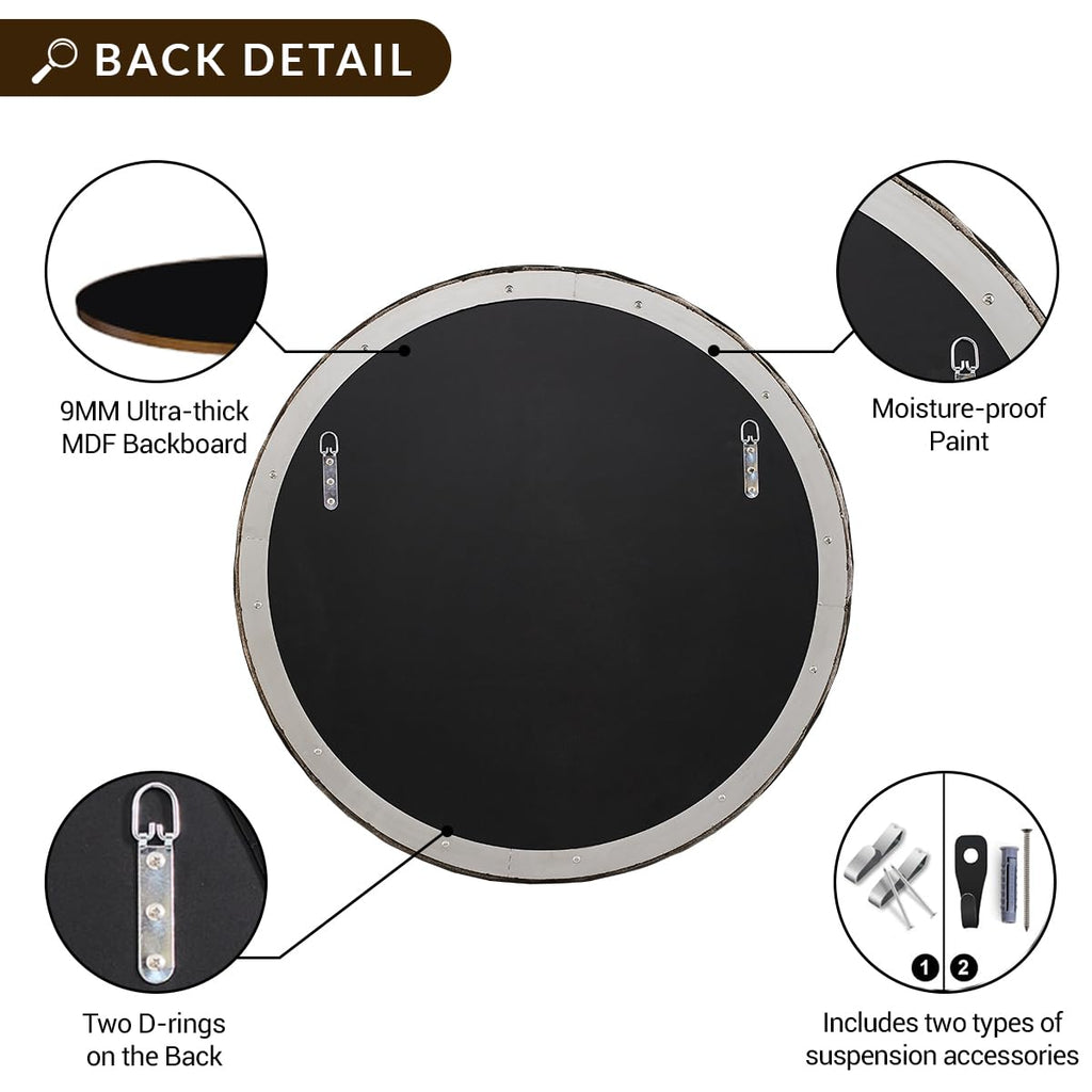 30 Inch Bathroom Hammered Round Mirrors, Silver Hand-Forged Circle Wall Mirrors with Metal Frame, Antique Round