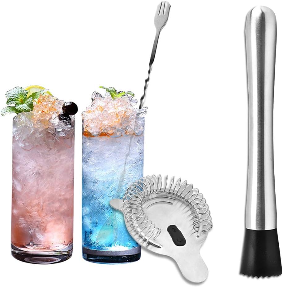 Stainless Steel Cocktail Muddler, Spiral Mixing Spoon & 4-Prong Bar Strainer, Home Bar Bartender's Muddling Tool Set - Set of 3