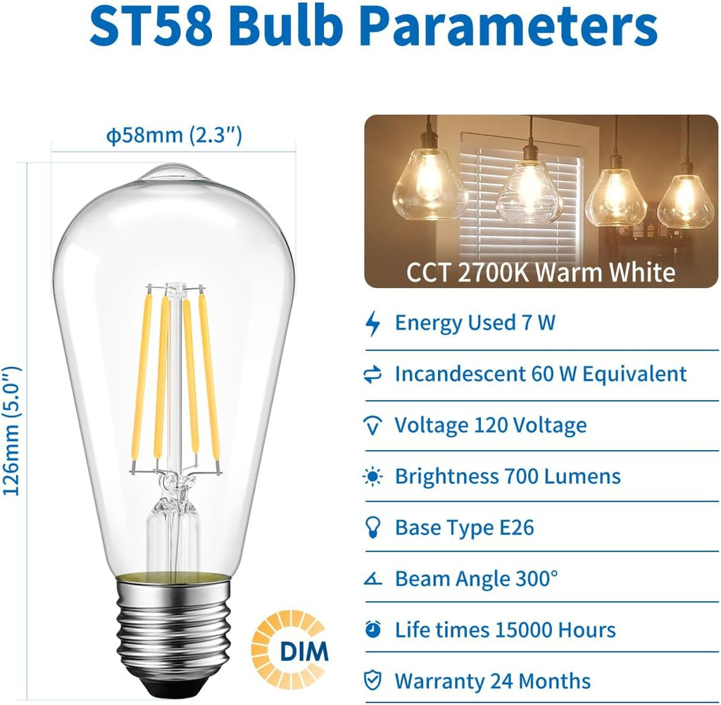 Vintage Edison LED Bulbs Dimmable, 60W Equivalent, 2700K Warm White