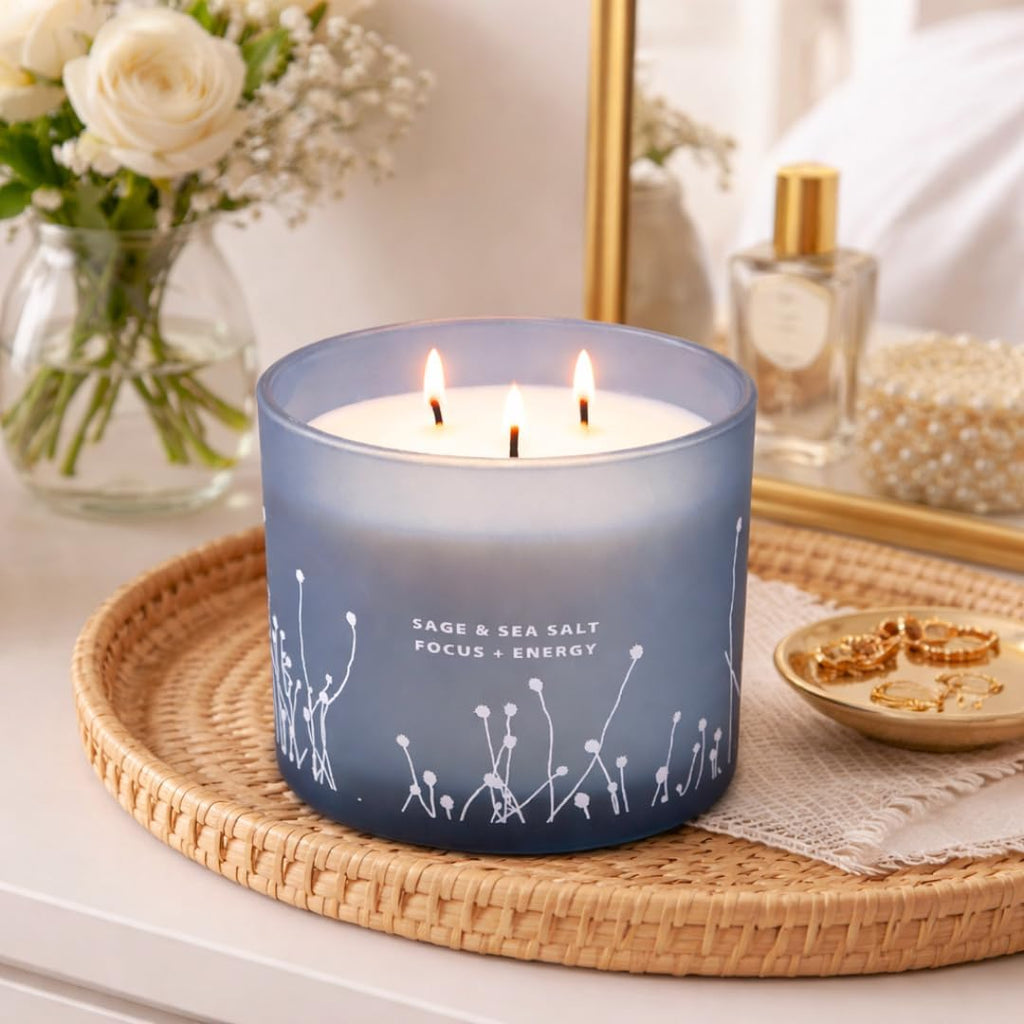 White Sage Sea Salt 3 Wick Candle, Large Soy Scented Candle 14.5oz - Set of 145