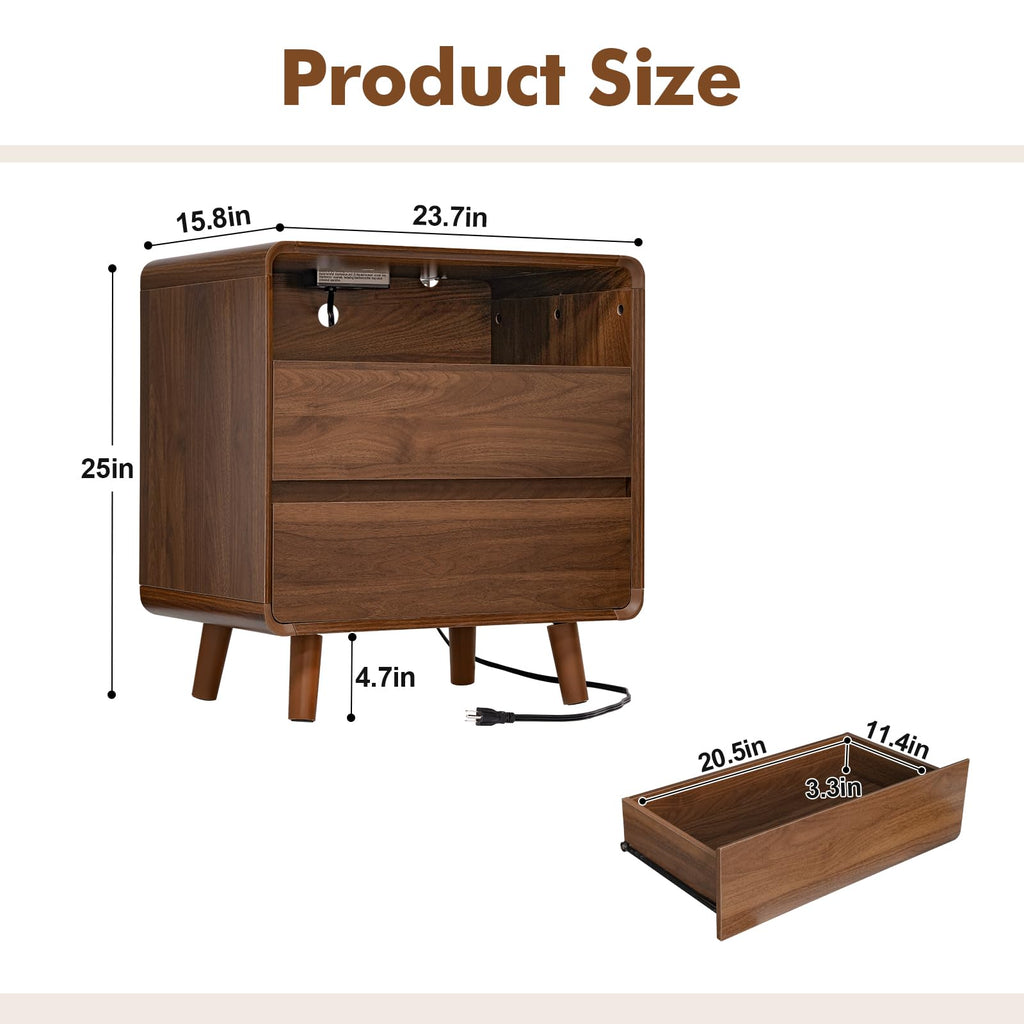 Night Stand with Charging Station, 23.7'' Wide Side Table Bedroom Nightstand with Drawers, Mid Century Modern Bedside