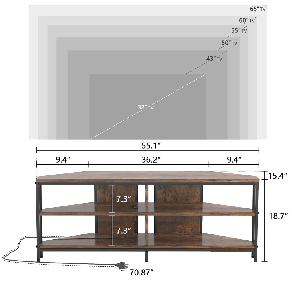 Corner TV Stand with Power Outlet, Corner Entertainment Center for 32 43 50 55 60 Inch TV, Industrial Media Console