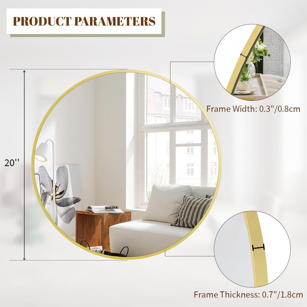 20 Inch Round Mirror, Metal Frame Circle Mirror, Gold