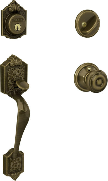 F60 V PAR 609 GEO Parthenon Front Entry Handleset with Georgian Knob, Deadbolt Keyed 1 Side, Antique Brass - Door Handleset