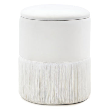 Round Storage Ottoman, Tassel Fringe Velvet Vanity Chair (White)