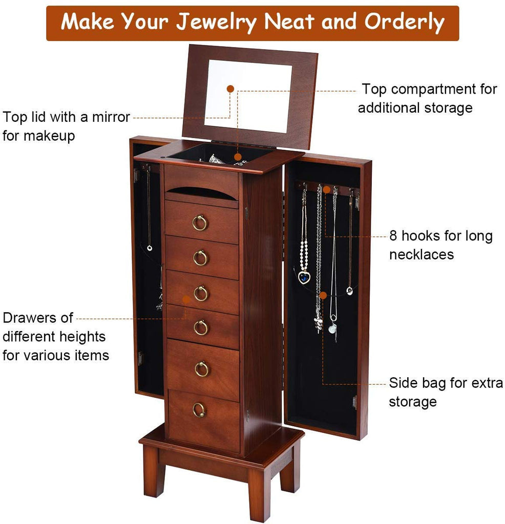 6 Drawers Jewelry Armoire Cabinet, Standing Jewelry Storage Chest with Mirror, 8 Necklace Hooks Wooden Jewelry