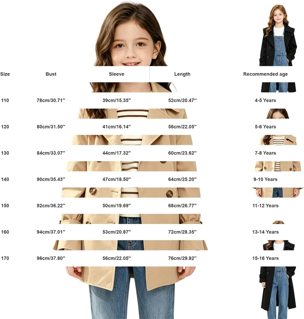Girls Long Trench Coat Double Breasted Lapel Windproof Overcoat Lightweight Jacket Casual Outerwear Teen Cute Trendy