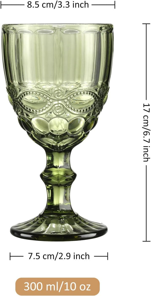 Green Vintage Wine Glasses,Clear Water Goblet Glasses with Embossed Serpentine Pattern,Stemmed Colored Glassware Set