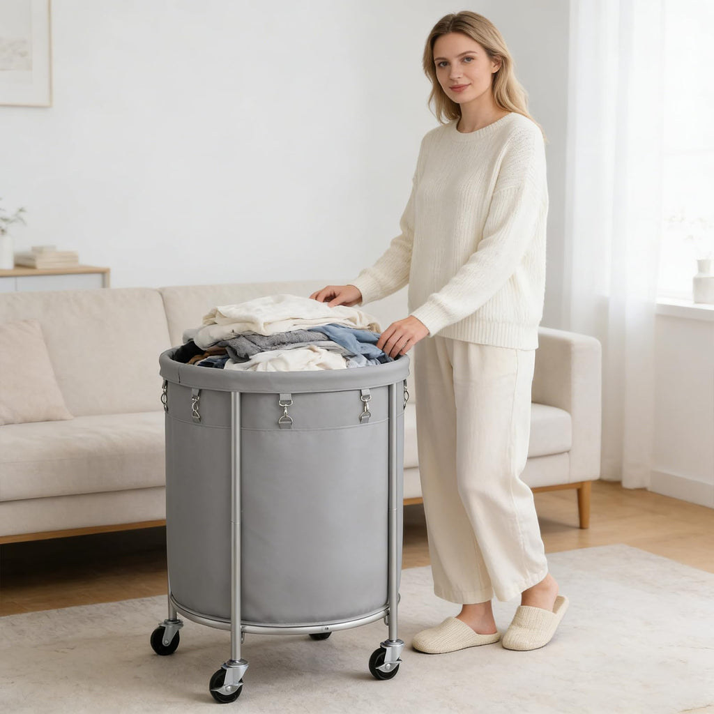 Laundry Basket with Wheels, Round Rolling Laundry Hamper, Gray