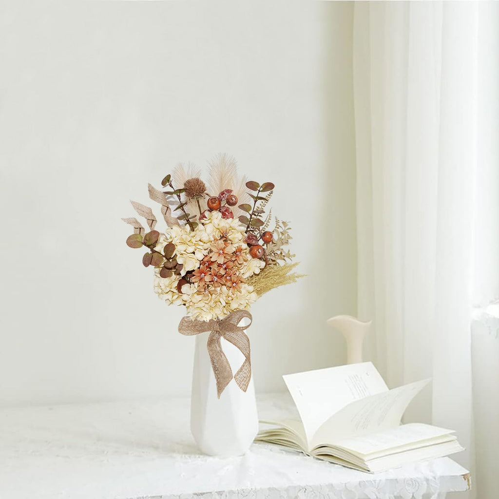 Boho Artificial Dried Hydrangea Flower Bouquet with Berries, Burlap Pampas, Burgundy & Green Ombre Leaves, Fake - Set of 28