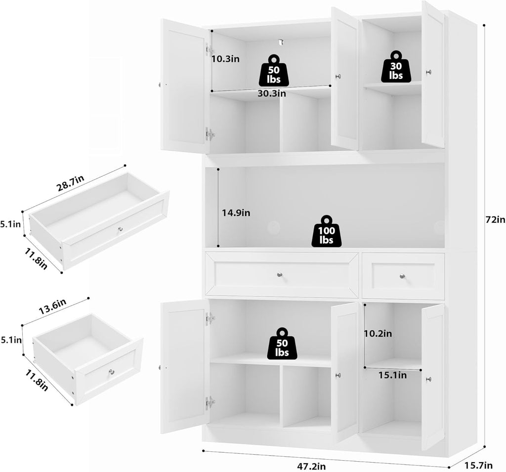 72" Kitchen Pantry Cabinet, Kitchen Hutch with Microwave Stand, Buffet Cabinet with Hutch , White | 2 Drawers, Large