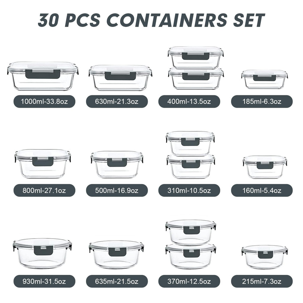 30 Pieces Glass Food Storage Containers Set with Lids, Grey