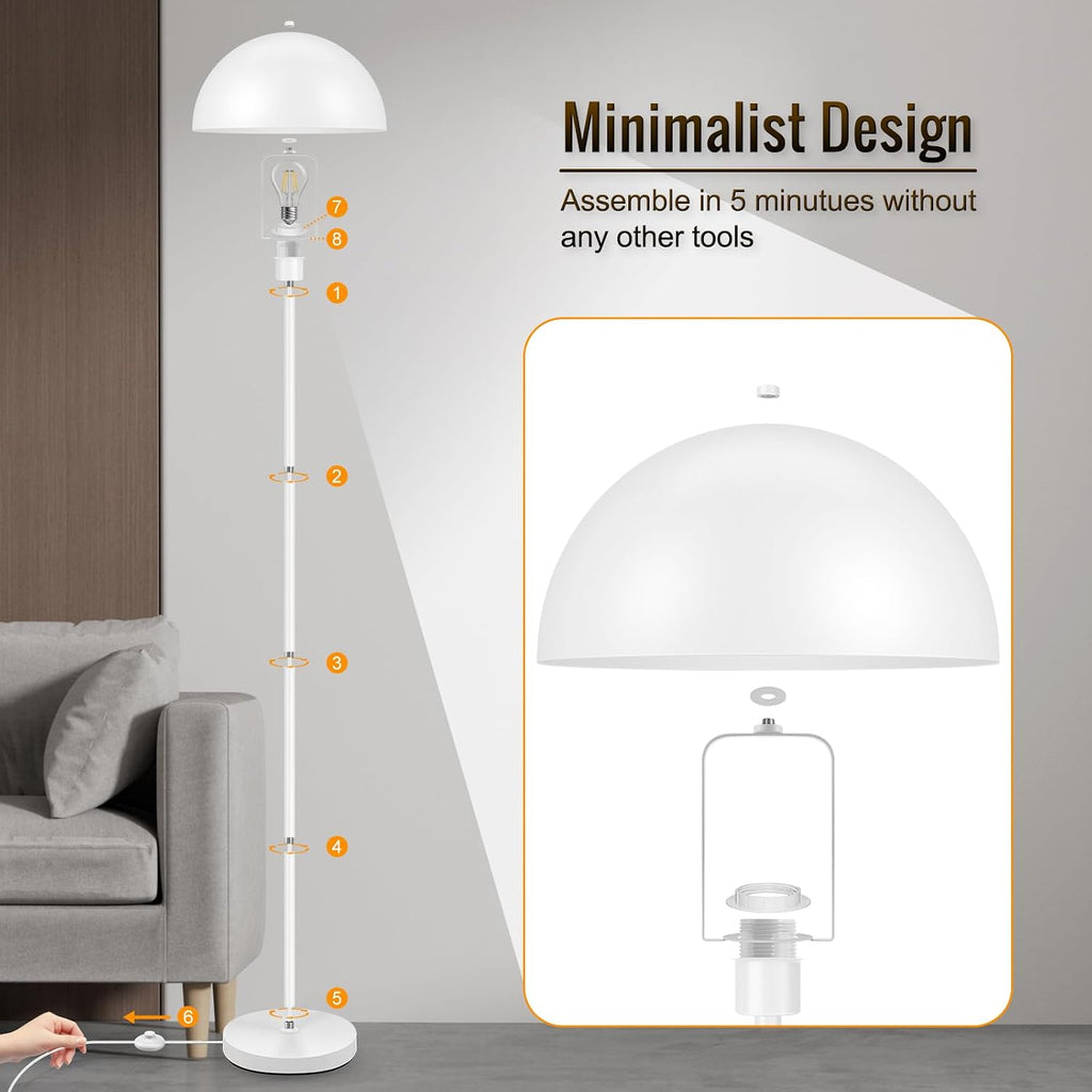 Modern Floor Lamps, White Metal Mushroom Lamp, 66" Tall Corner Lamp, Footswitch, Bright Industrial Standing Lamps