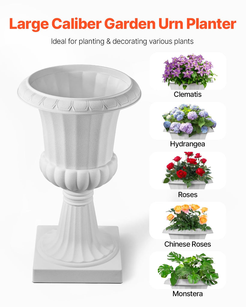 Plastic Urn Planters, 15.8 x 26.4 Inch, 2 Pack White Classic Flower Pots Front Porch Planters, Indoor & Outdoor Vase