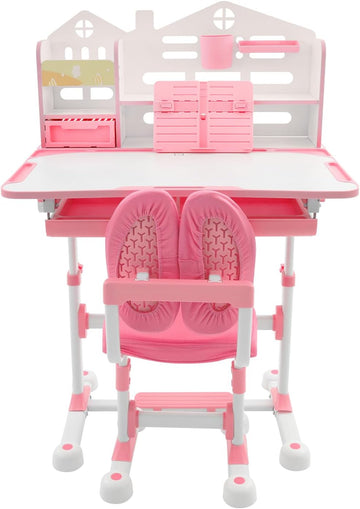 31.5'' Adjustable Kids Desk with Tilting Desktop & Bookshelf Hutch(Pink)
