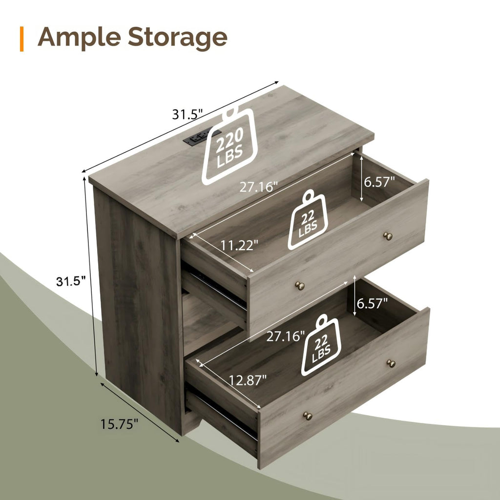 3 Drawer Dresser with Charging Station, Small Dresser Grey Chest of Drawers, 31.5" W Gray Wood Dressers, 15.75" D x