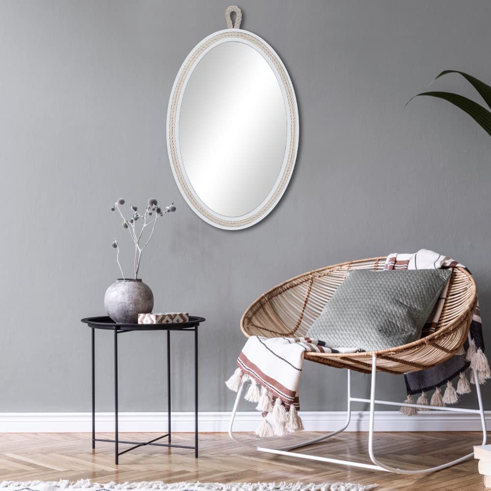 Oval Mirrors for Wall Decor Small White Nautical Rope Mirror Hanging Decorative Beach Coastal Mirror, 24''Lx16''W, Oval