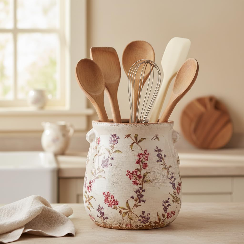 French Country Ceramic Plant Pot & Kitchen Utensil Holder for Countertop