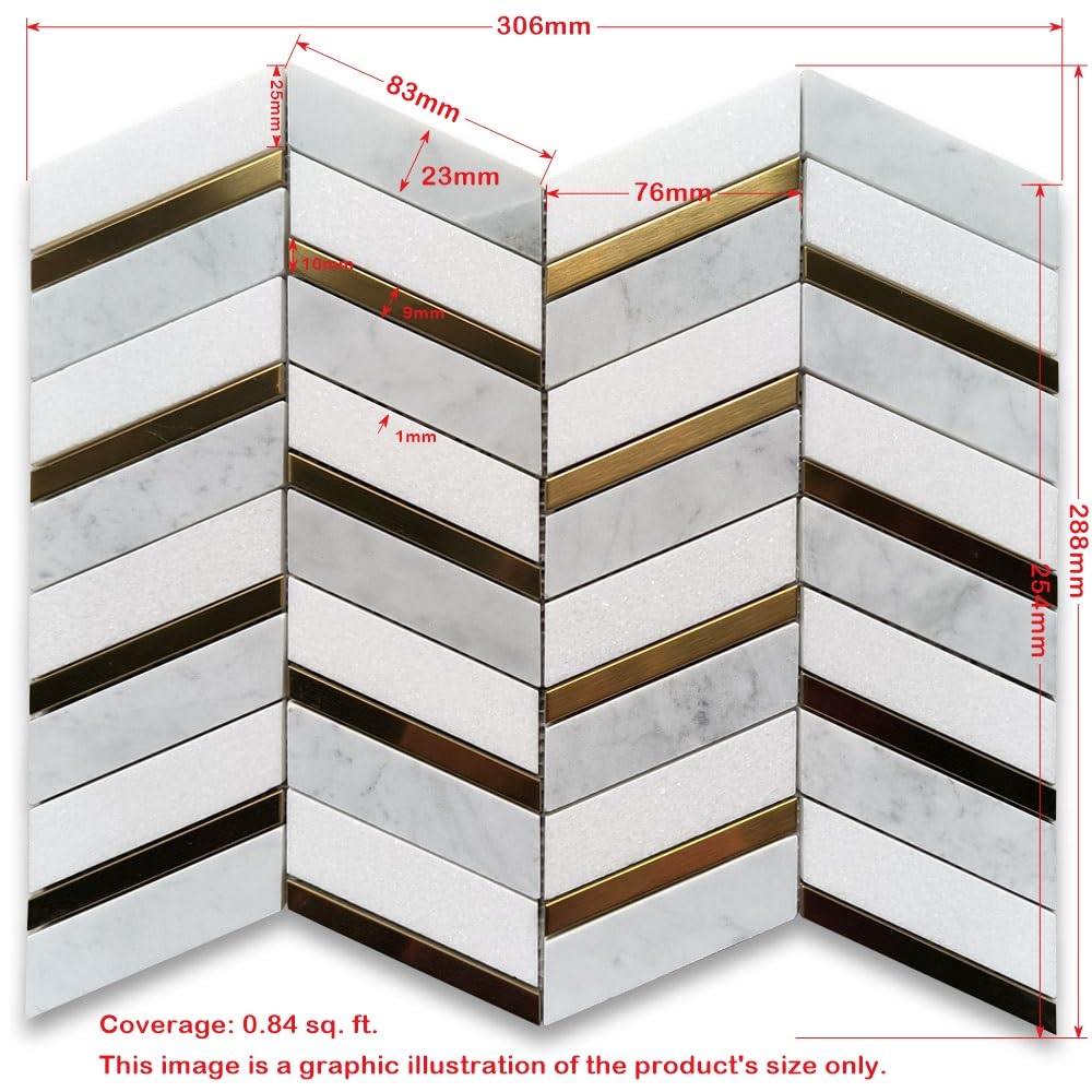 Thassos White Carrara White Marble 1x3 Artistic Chevron Mosaic Tile w/Brass Strips Polished Kitchen Bath Wall Floor