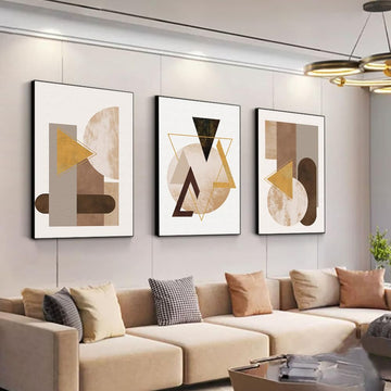 3Pcs Modern Brown Beige Geometric Abstract Framed Canvas Wall Art Decor