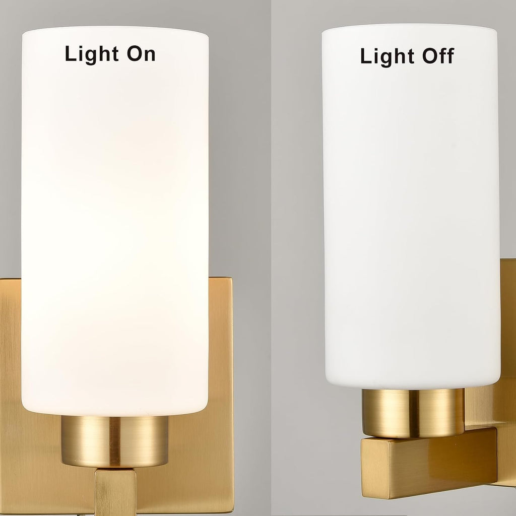 Modern Gold Wall Sconce Dimmable Bathroom Vanity Light with Milky White Cylinder Glass Shade Set of 2