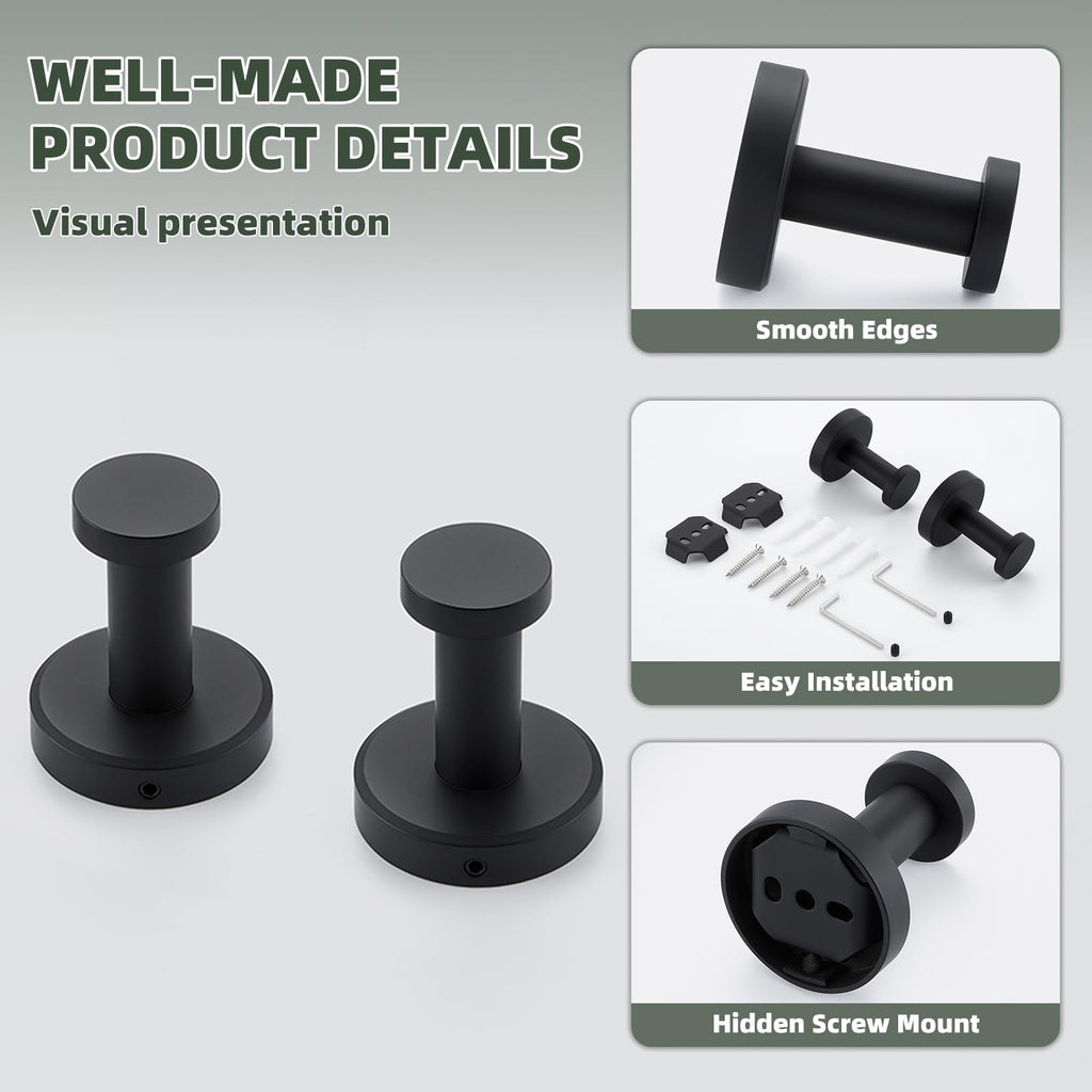 Matte Black Towel Hooks, Space-saving Shower, 2 Pack