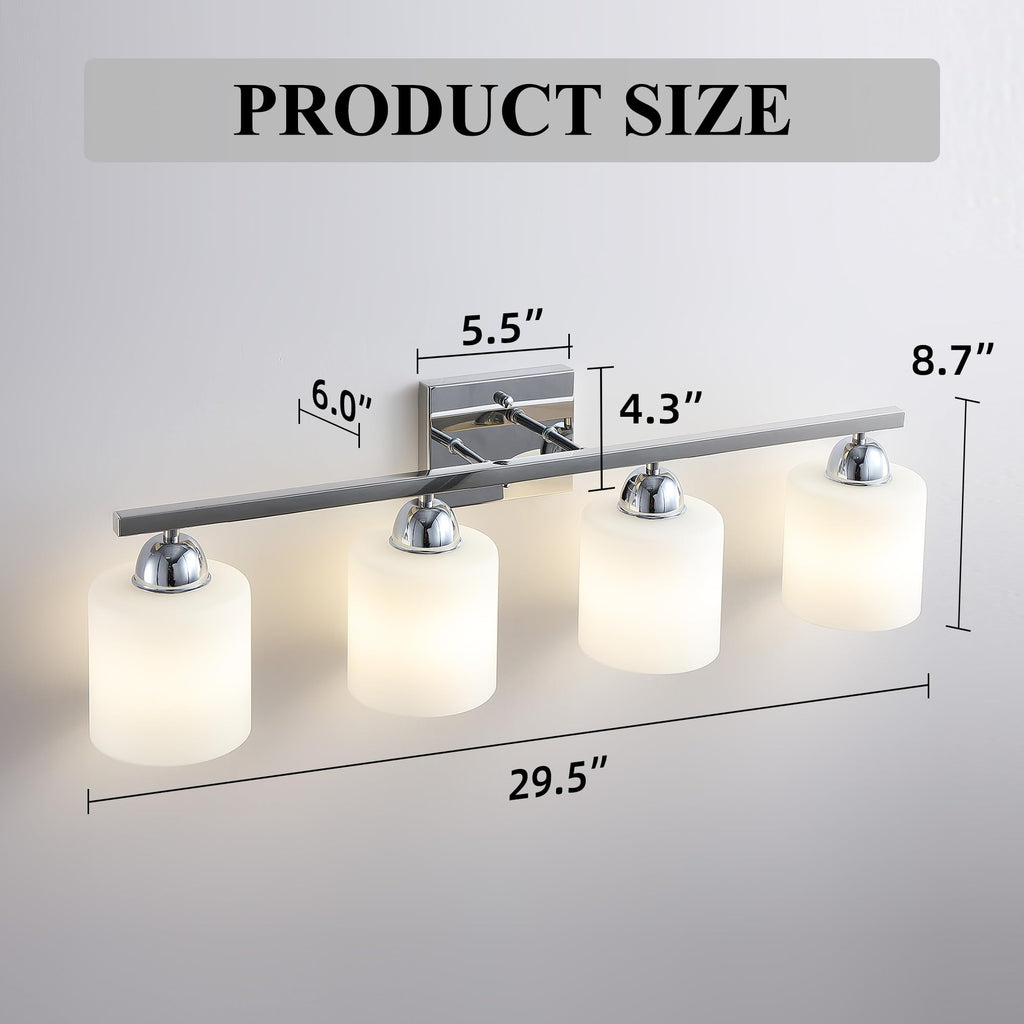 Stainless Steel Milk Glass Vanity Lights, 4 Light Chrome Bathroom Light Fixtures Over Mirror, Ceramic E26 Sockets