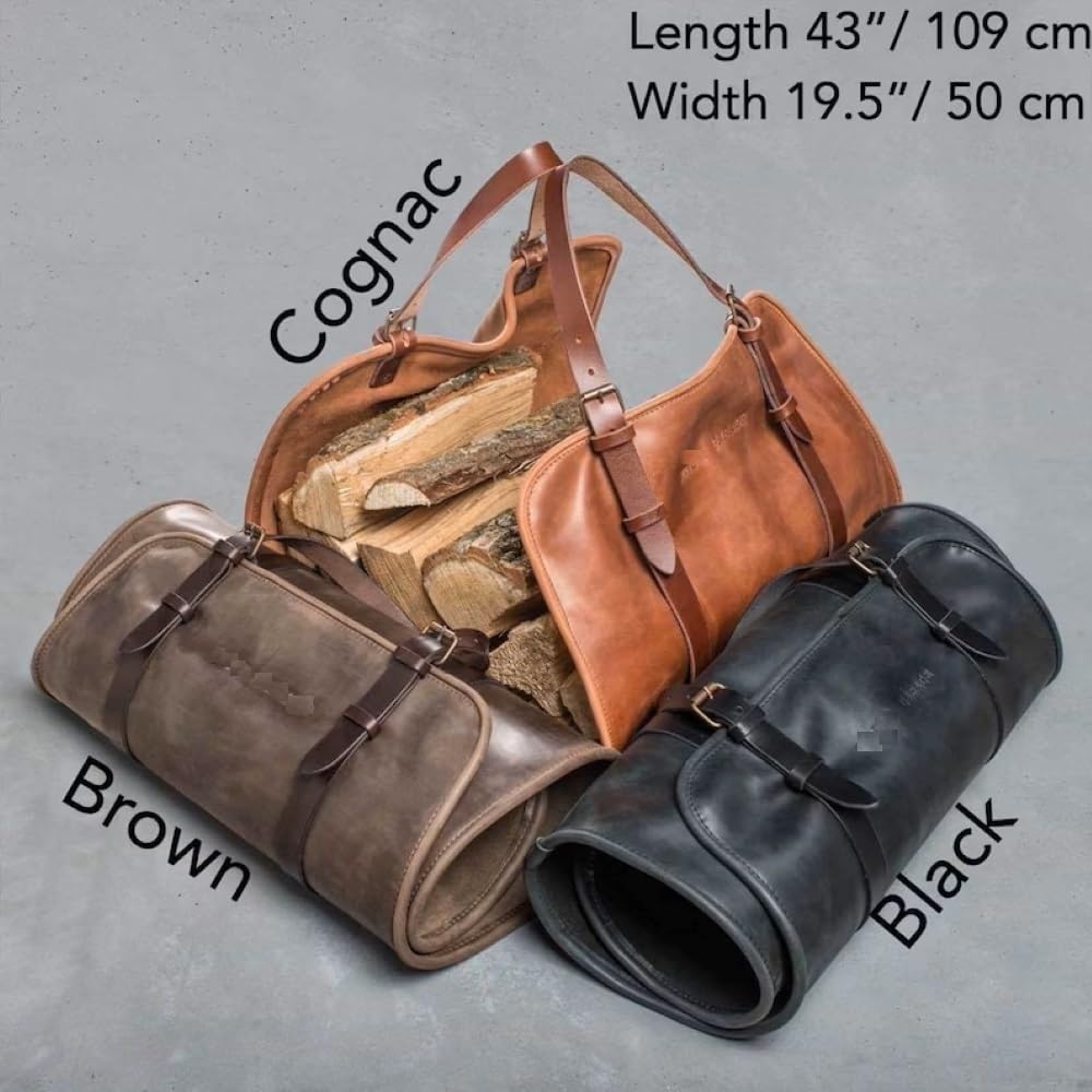 Leather Firewood Carrier, Cabin Wood Log Carrier, Large Log Tote Bag for Fireplace, Campfire, or Outdoor Fire Pit