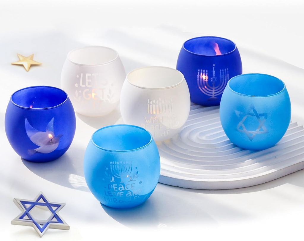 Hanukkah Decorations Indoor Tealight Votive Candle Holders with , Star of David for Jewish Holiday Decor - Blue - Set of 6