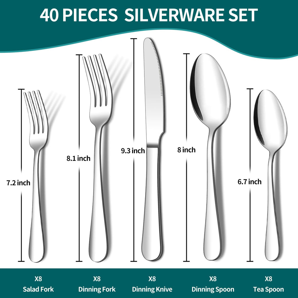 40 Piece Silverware Flatware Set, Stainless Steel Cutlery Set for 8
