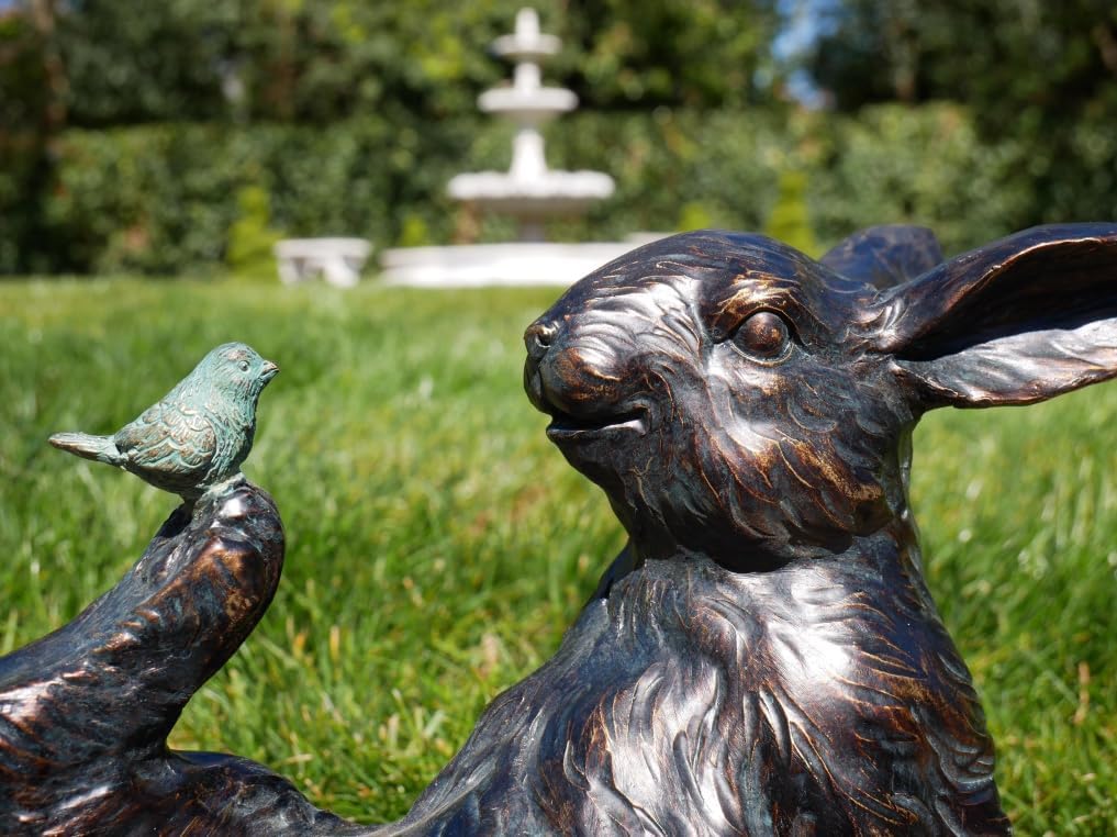 Rabbit & Bird Resin Indoor Outdoor Garden Ornament Bronze Effect Decoration Patio Decking Statue Farmhouse Style