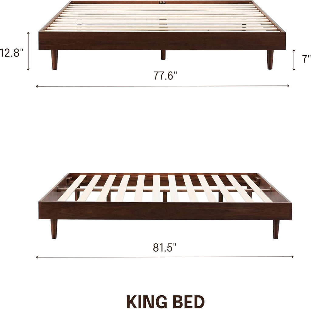 Fly Wooden Bed Frame Without Headboard, Crafted from Walnut, Rubber Wood with Silent Slats and Wood Central Supports