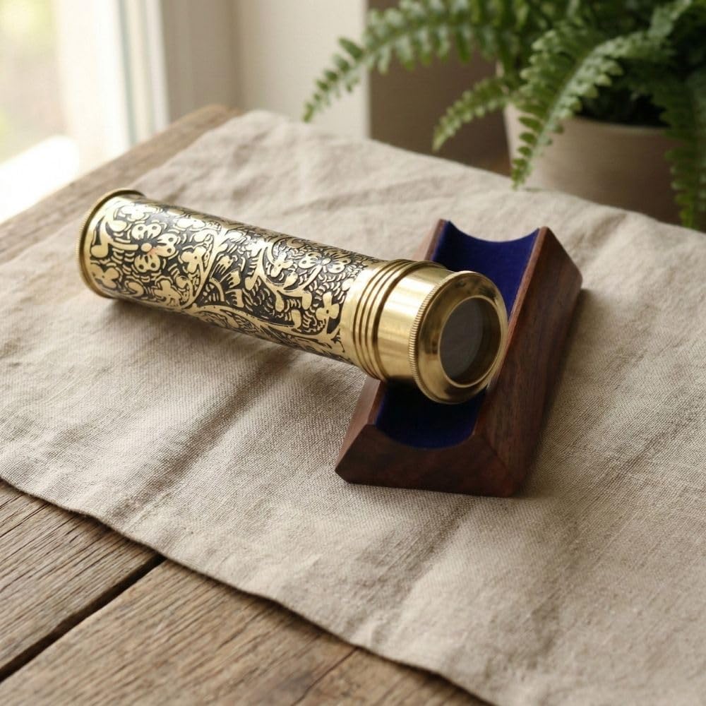 Handmade Kaleidoscope | Etched Brass with Three-Mirror System | Lampworking Glass Beads | Antique Brass Finish Wooden
