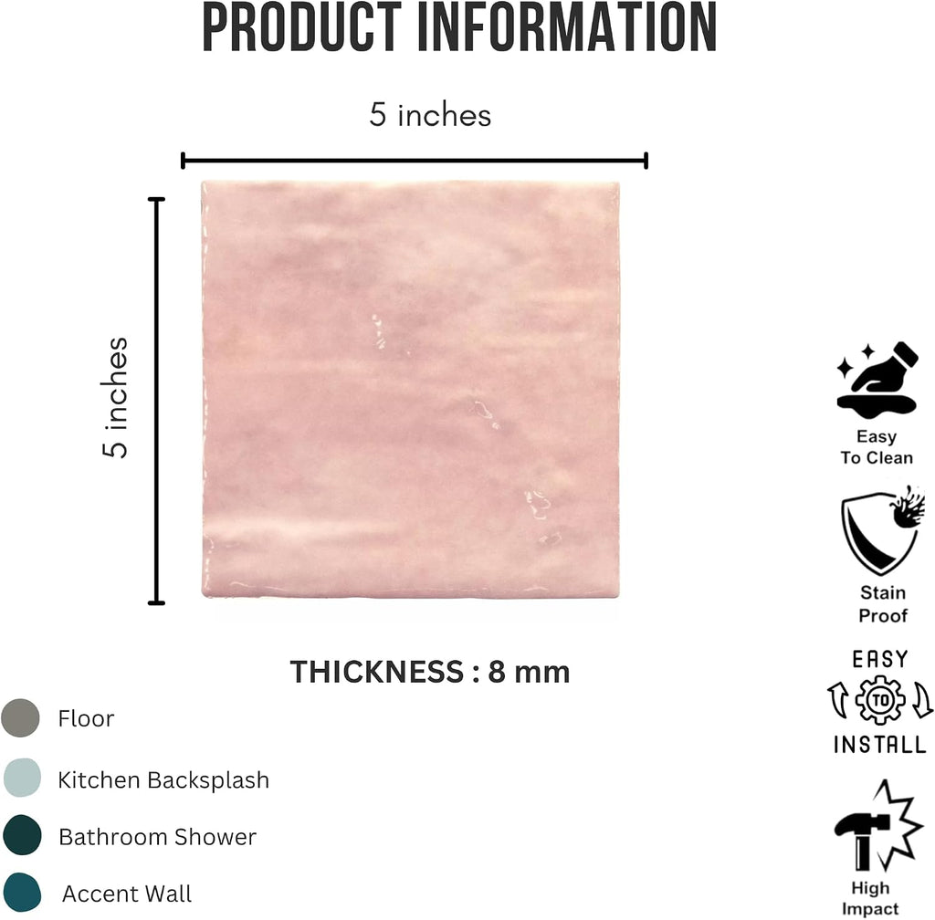 5x5 Glossy Pink Zellige Look Ceramic Wall Tile - Handmade Style Square Field Tile (4 Pieces)