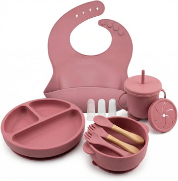 Feeding Set with Suction Bowls, Divided Plate, Adjustable Bib, Wooden Handle Utensils, Training Cup, Piece Weaning