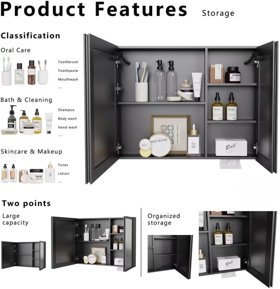 Slim Bathroom Storage Cabinet with LED Mirror | Medicine Cabinet Organizer with Anti-Fog & Shelves | Over The Toilet