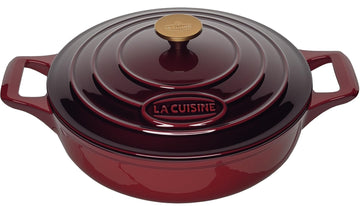 La Cuisine Enameled Cast Iron Braiser Sauté Pan Shallow Dutch Oven with Golden Knob for Lid Internal Matt Black