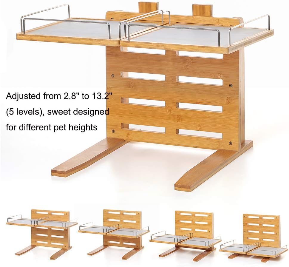Adjustable Raised Dog Bowls, Bamboo Elevated Feeder Stand with Non-Skid Feet for Food and Water, 5 Level Wooden Pet